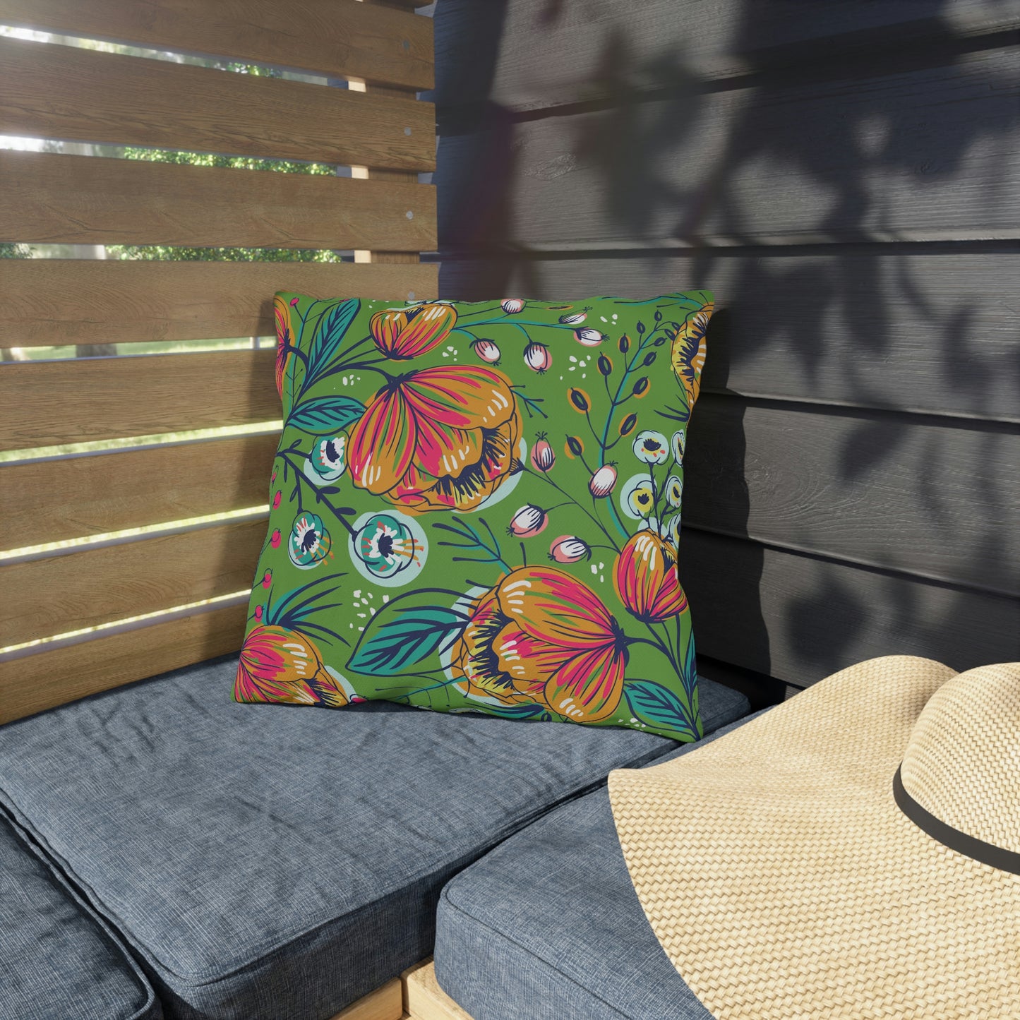 Green, Gold, Orange & Fuchsia Pillow COVER ONLY for Outdoor Living, Firepit Seating, Porch Swings, Keep Pillows Clean, Attractive Decor Accessory