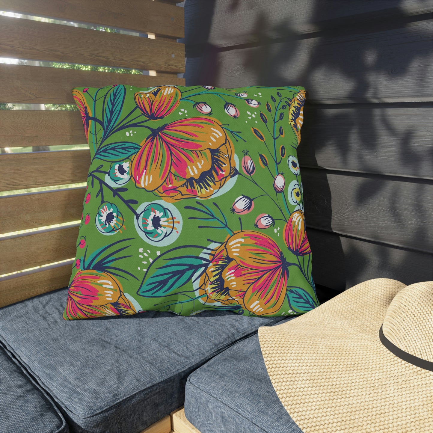 Green, Gold, Orange & Fuchsia Pillow COVER ONLY for Outdoor Living, Firepit Seating, Porch Swings, Keep Pillows Clean, Attractive Decor Accessory