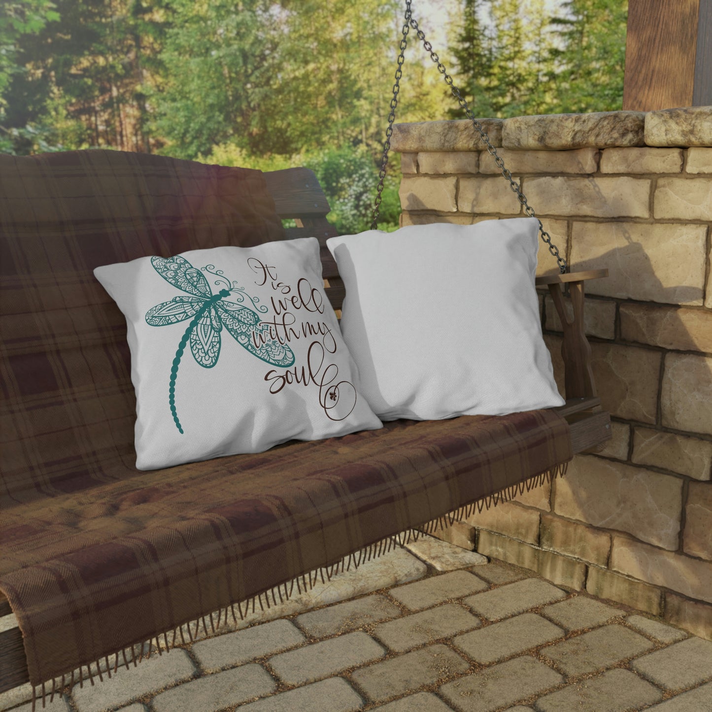 Dragonfly "It is Well With My Soul", COVER ONLY Perfect for Outdoor Living, Sun Room, Porch or Patio, Pool Side Lounging, Square Pillow