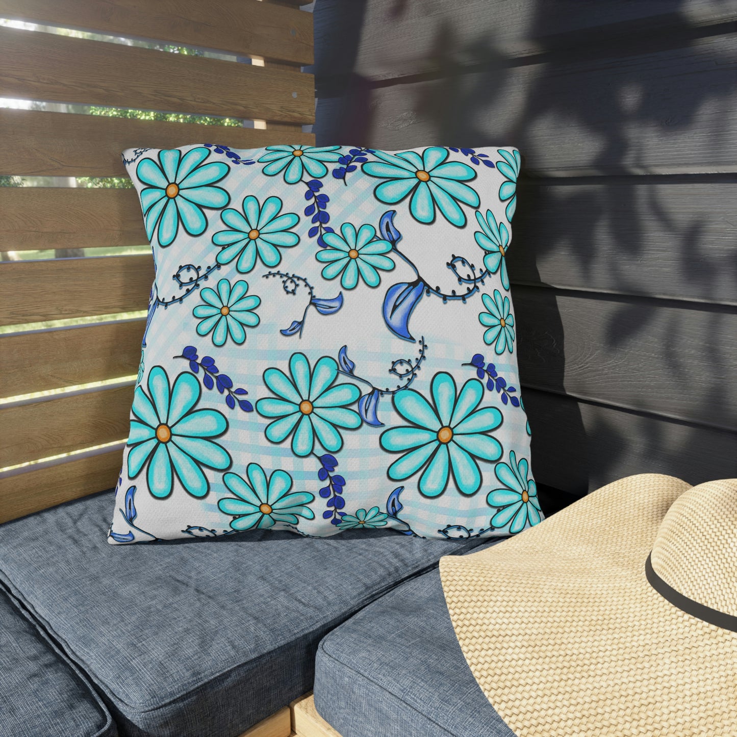 Blue Daisy, Grace Upon Grace Outdoor Pillow Cover AND Form, Outdoor Living, Fire Pit & Porch Swing Friendly, Blue Daisy, Home Decor