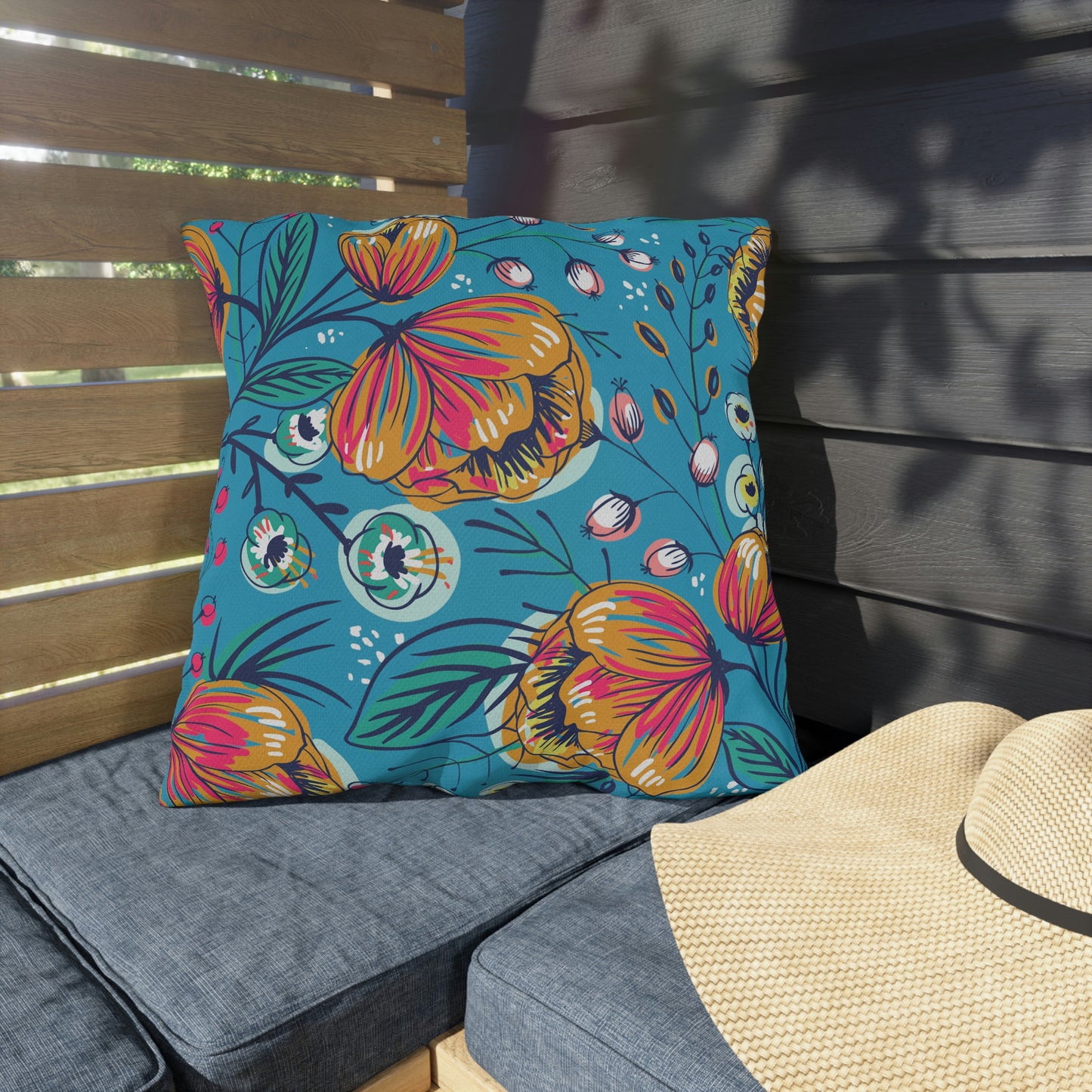 Teal Blue, Gold, Orange & Fuchsia Pillow COVER ONLY for Outdoor Living, Firepit Seating, Porch Swings, Keep Pillows Clean, Attractive Decor