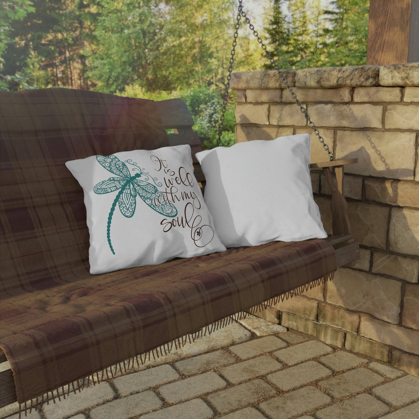 Dragonfly "It is Well With My Soul", COVER ONLY Perfect for Outdoor Living, Sun Room, Porch or Patio, Pool Side Lounging, Square Pillow