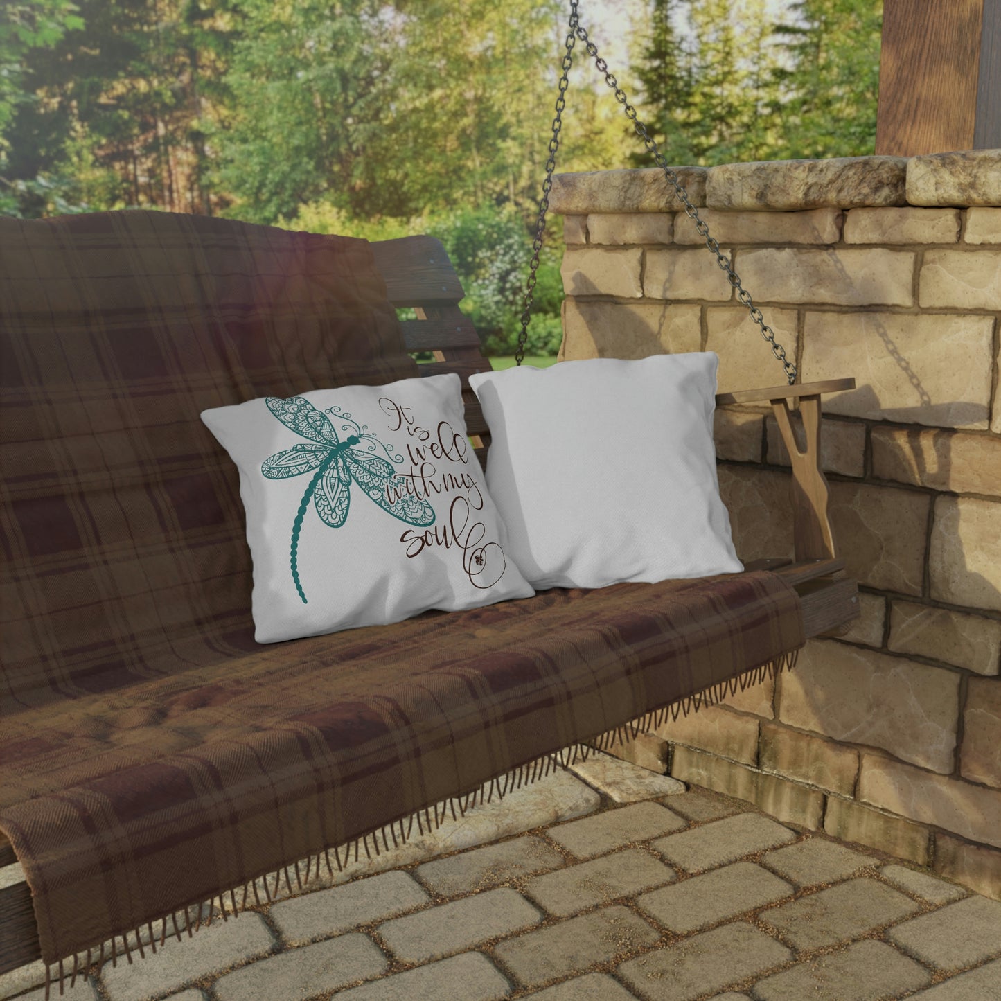 Dragonfly "It is Well With My Soul", COVER ONLY Perfect for Outdoor Living, Sun Room, Porch or Patio, Pool Side Lounging, Square Pillow