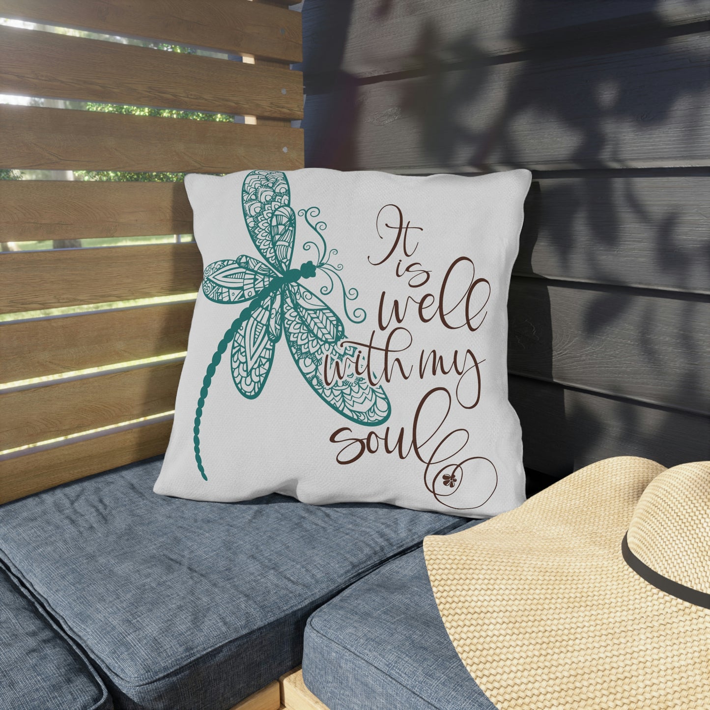 Dragonfly "It is Well With My Soul", COVER ONLY Perfect for Outdoor Living, Sun Room, Porch or Patio, Pool Side Lounging, Square Pillow