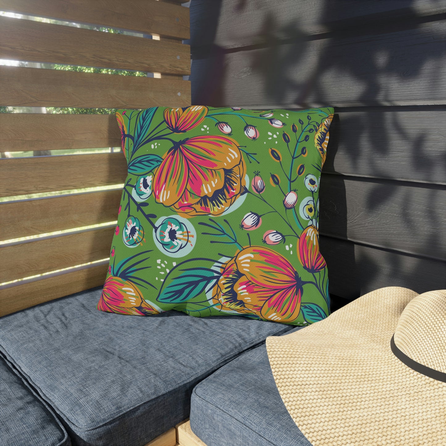 Green, Gold, Orange & Fuchsia Pillow COVER ONLY for Outdoor Living, Firepit Seating, Porch Swings, Keep Pillows Clean, Attractive Decor Accessory