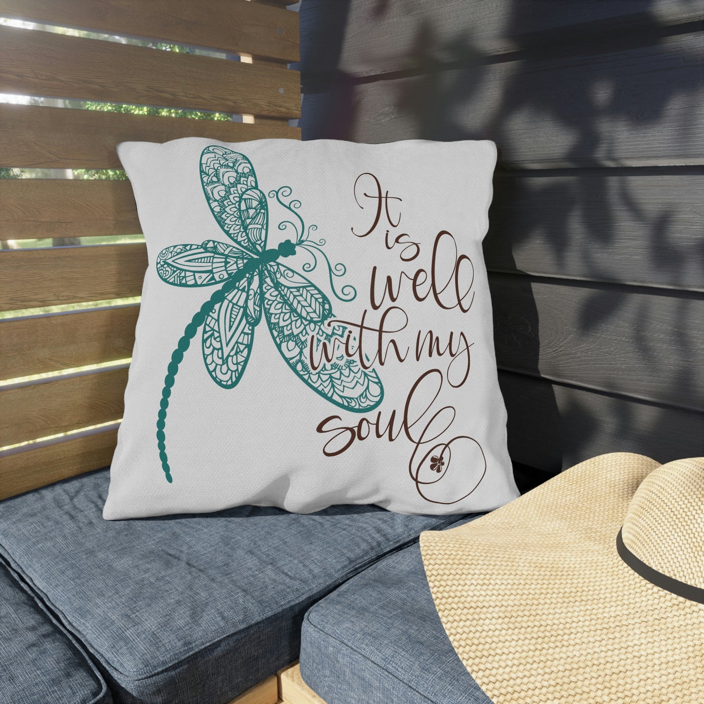 Dragonfly "It is Well With My Soul", COVER ONLY Perfect for Outdoor Living, Sun Room, Porch or Patio, Pool Side Lounging, Square Pillow