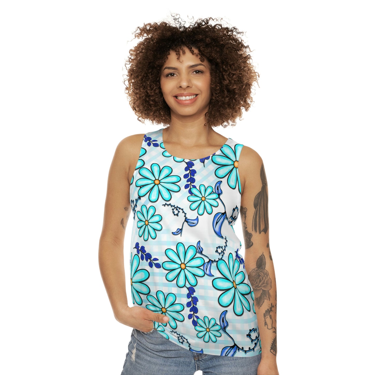 Blue Floral Daisy Unisex Style Tank Top Breezy Summer Casual Wear for Beach, Lake, Camping or Shopping, Stylish, Layer for Variety