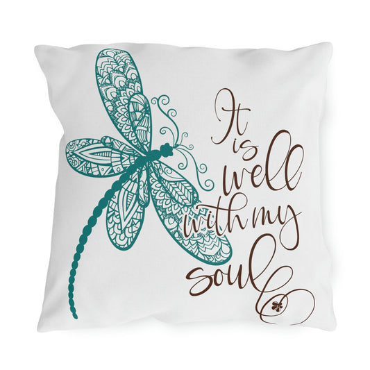 Dragonfly "It is Well With My Soul", COVER ONLY Perfect for Outdoor Living, Sun Room, Porch or Patio, Pool Side Lounging, Square Pillow