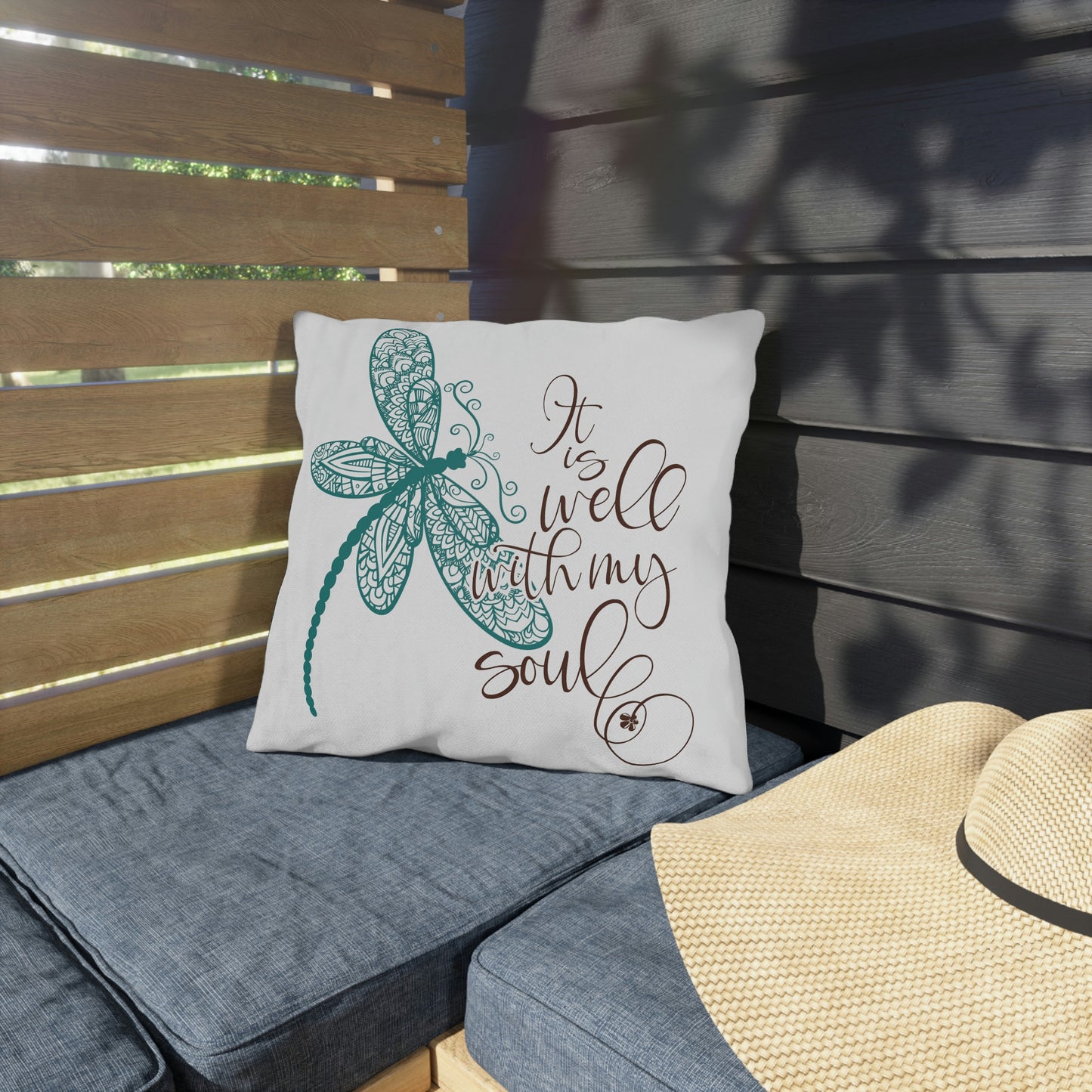 Dragonfly "It is Well With My Soul", COVER ONLY Perfect for Outdoor Living, Sun Room, Porch or Patio, Pool Side Lounging, Square Pillow